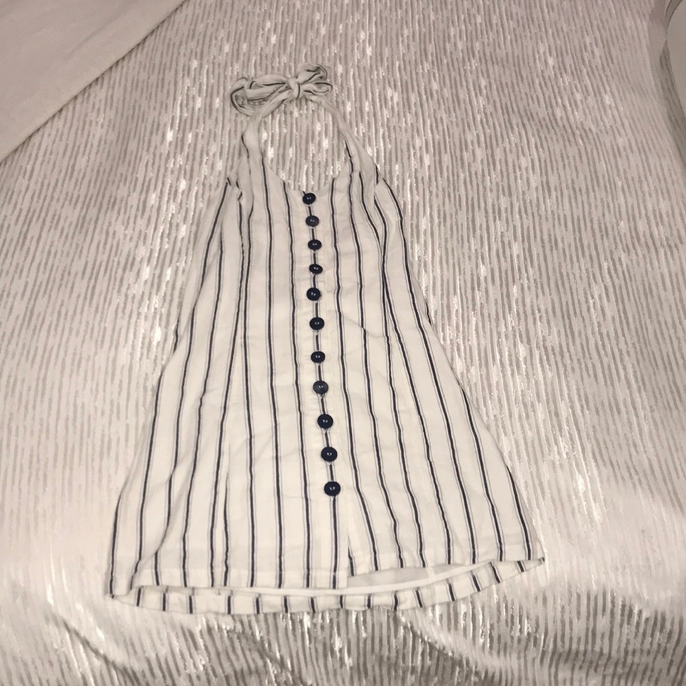 White and blue button striped sun dress